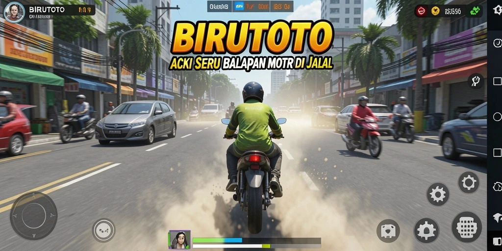 Tampilan gameplay BIRUTOTO dengan balapan motor yang mendebarkan.