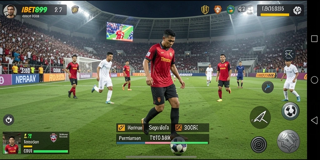 Screenshot gameplay menampilkan aksi seru dalam permainan sepak bola.