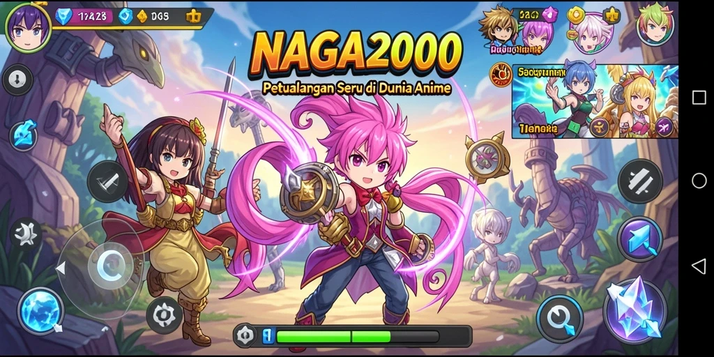 Tampilan gameplay NAGA2000 yang memukau dengan karakter anime yang dinamis.