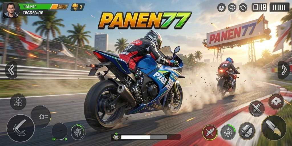 Screenshot gameplay PANEN77 yang menunjukkan balapan motor yang mendebarkan.